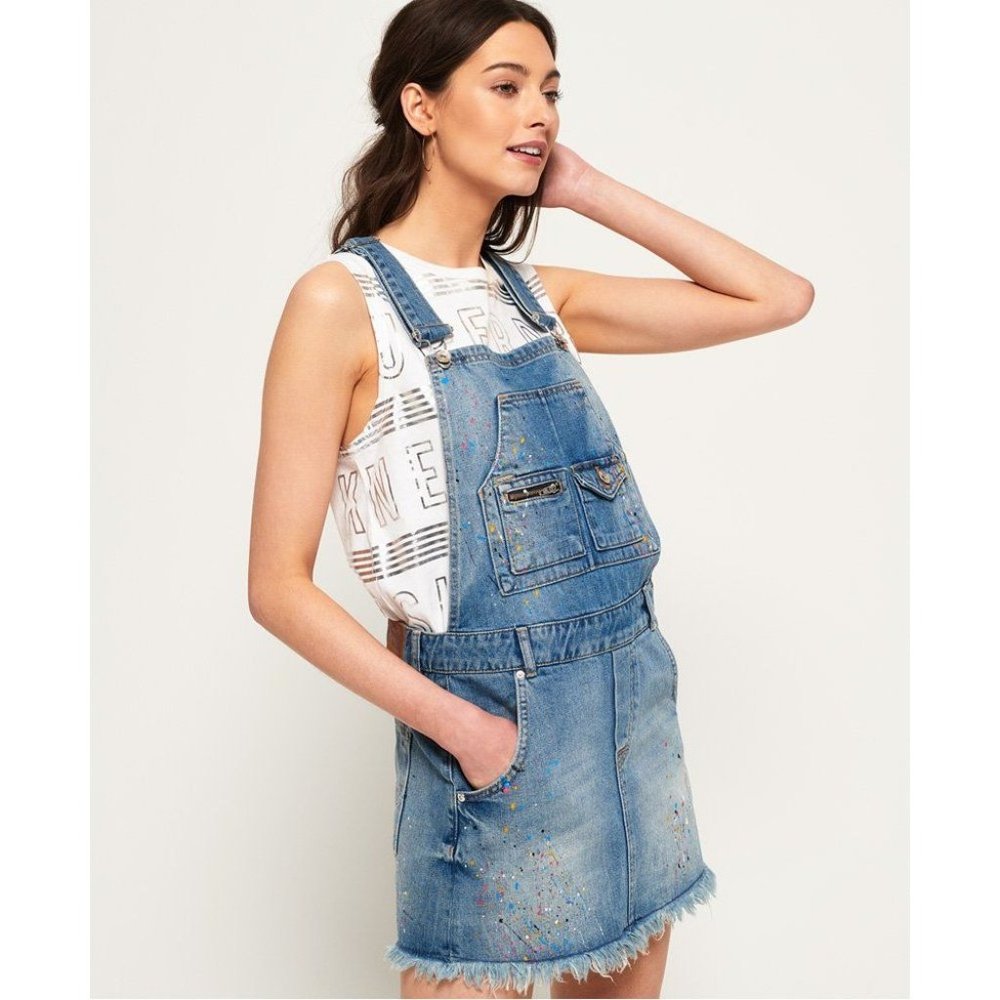 Super Dry Denim Dungaree Medium Dress Overall Splatter Paint